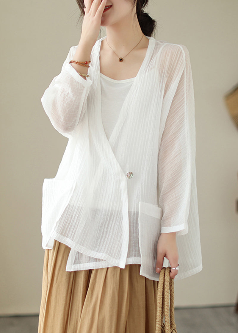 Women White V Neck Oversized Cotton UPF 50+ Cardigan Summer LY5287 - fabuloryshop
