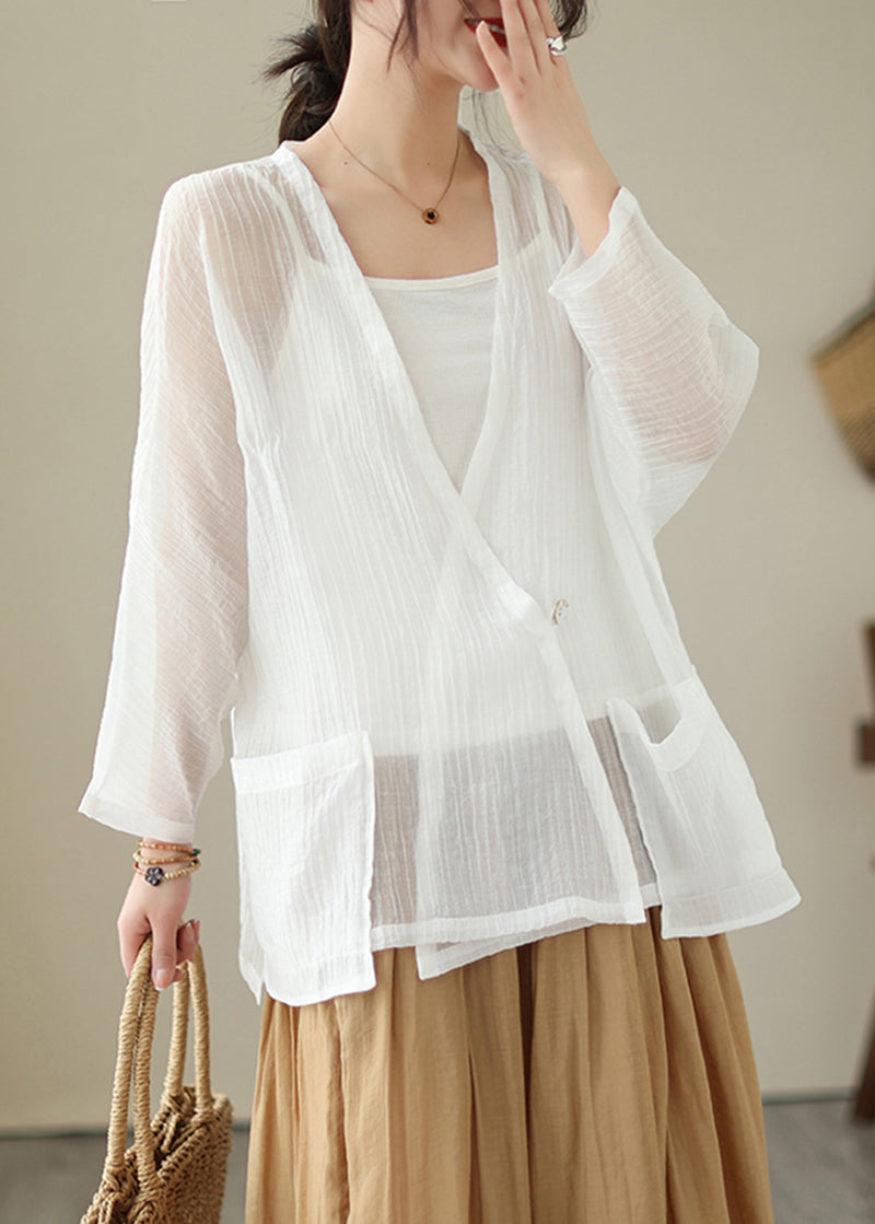 Women White V Neck Oversized Cotton UPF 50+ Cardigan Summer LY5287 - fabuloryshop