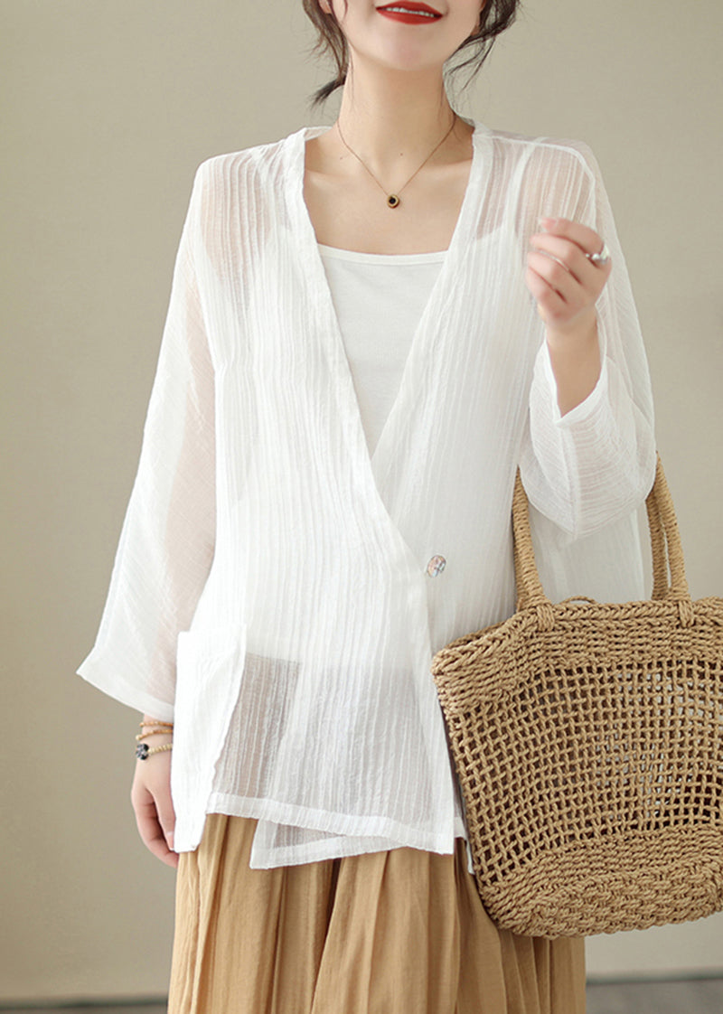 Women White V Neck Oversized Cotton UPF 50+ Cardigan Summer LY5287 - fabuloryshop