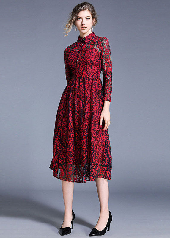 Women Wine Red Peter Pan Collar Hollow Out Lace Dresses Summer LY7419 - fabuloryshop