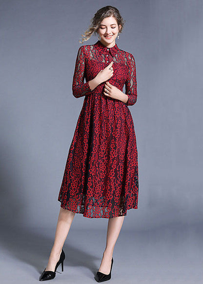 Women Wine Red Peter Pan Collar Hollow Out Lace Dresses Summer LY7419 - fabuloryshop