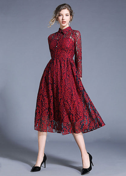 Women Wine Red Peter Pan Collar Hollow Out Lace Dresses Summer LY7419 - fabuloryshop