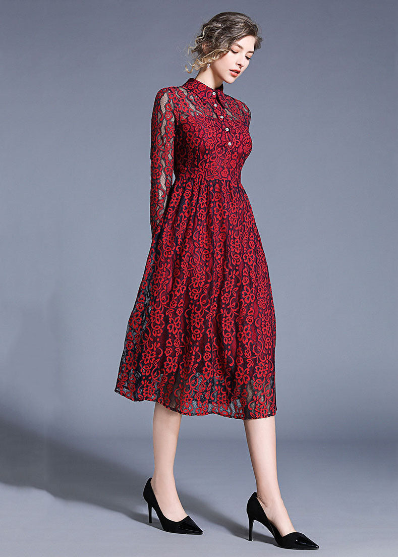 Women Wine Red Peter Pan Collar Hollow Out Lace Dresses Summer LY7419 - fabuloryshop