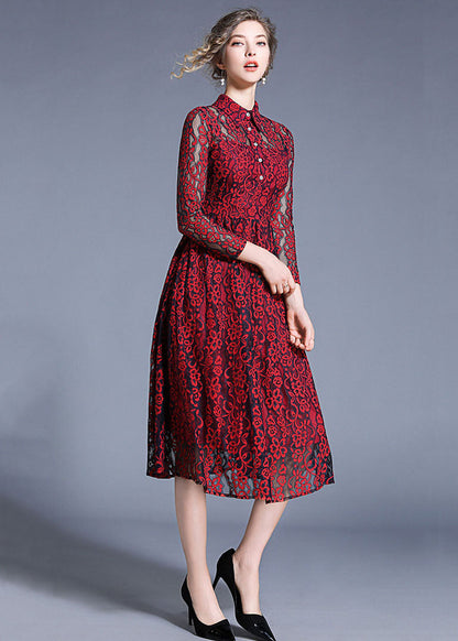 Women Wine Red Peter Pan Collar Hollow Out Lace Dresses Summer LY7419 - fabuloryshop