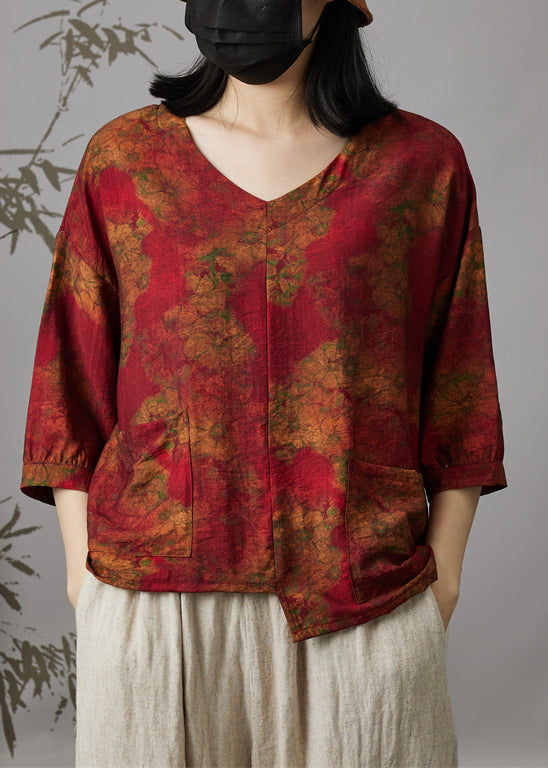 Women Wine Red V Neck Print Patchwork Cotton Top Summer Ada Fashion