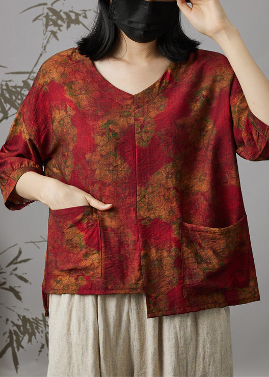 Women Wine Red V Neck Print Patchwork Cotton Top Summer Ada Fashion