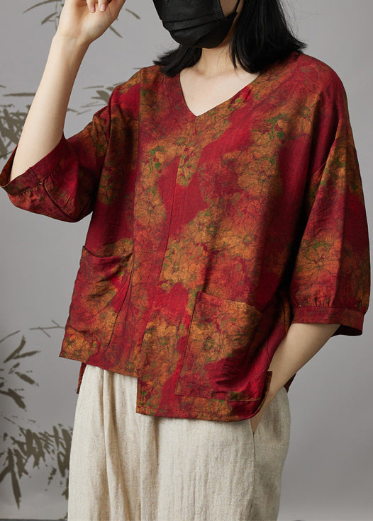 Women Wine Red V Neck Print Patchwork Cotton Top Summer Ada Fashion