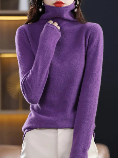 Women Winter 100%Wool Solid Turtleneck Baseshirt Ada Fashion