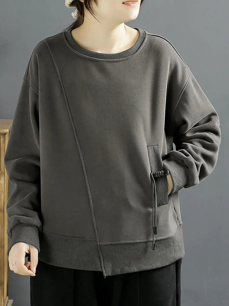 Women Winter Cotton Irregular Spliced Fleece-lined Sweatshirt Ada Fashion