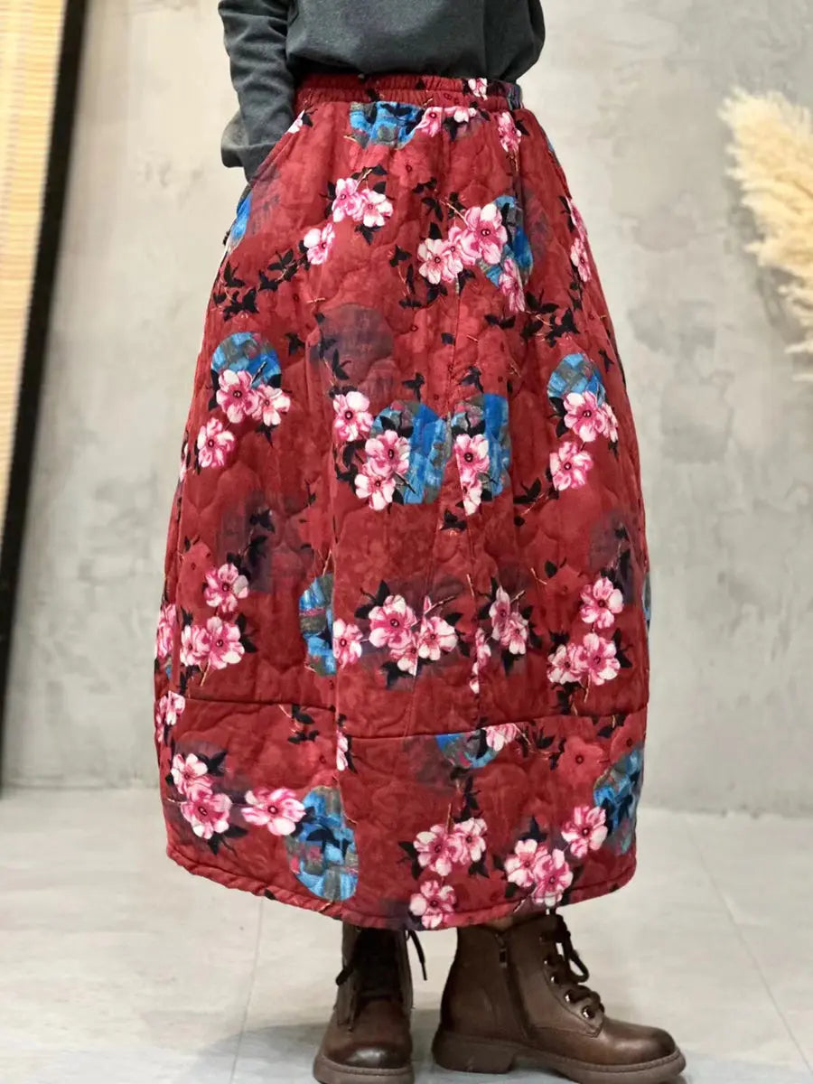 Women Winter Retro Flower A-shape Padded Skirt Ada Fashion