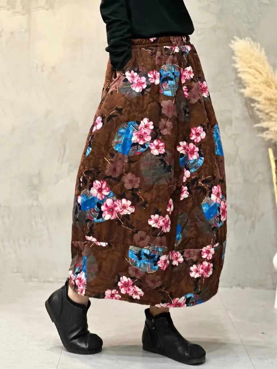 Women Winter Retro Flower A-shape Padded Skirt Ada Fashion