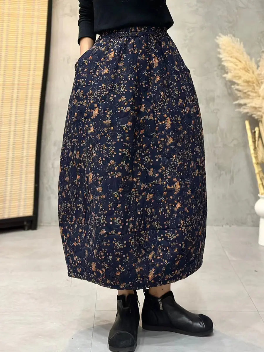 Women Winter Retro Flower A-shape Padded Skirt Ada Fashion