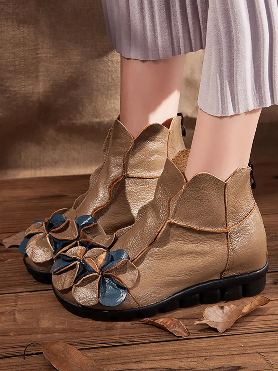 Women Winter Retro Leather Flower Spliced Ankle Boots Ada Fashion