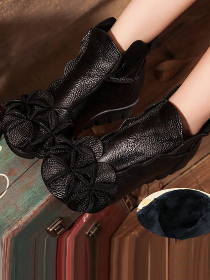 Women Winter Retro Leather Flower Spliced Ankle Boots Ada Fashion