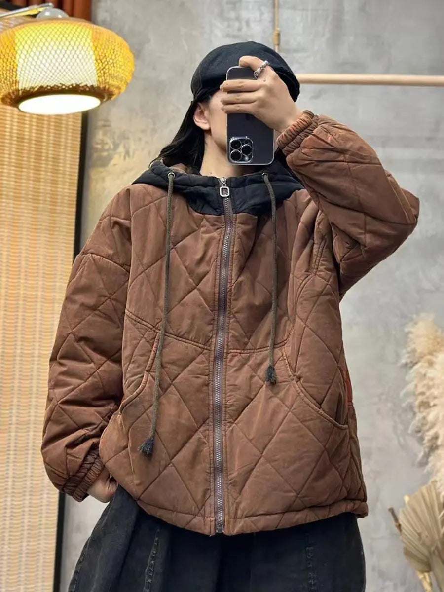 Women Winter Rhomboids Colorblock Cotton Hooded Coat Ada Fashion