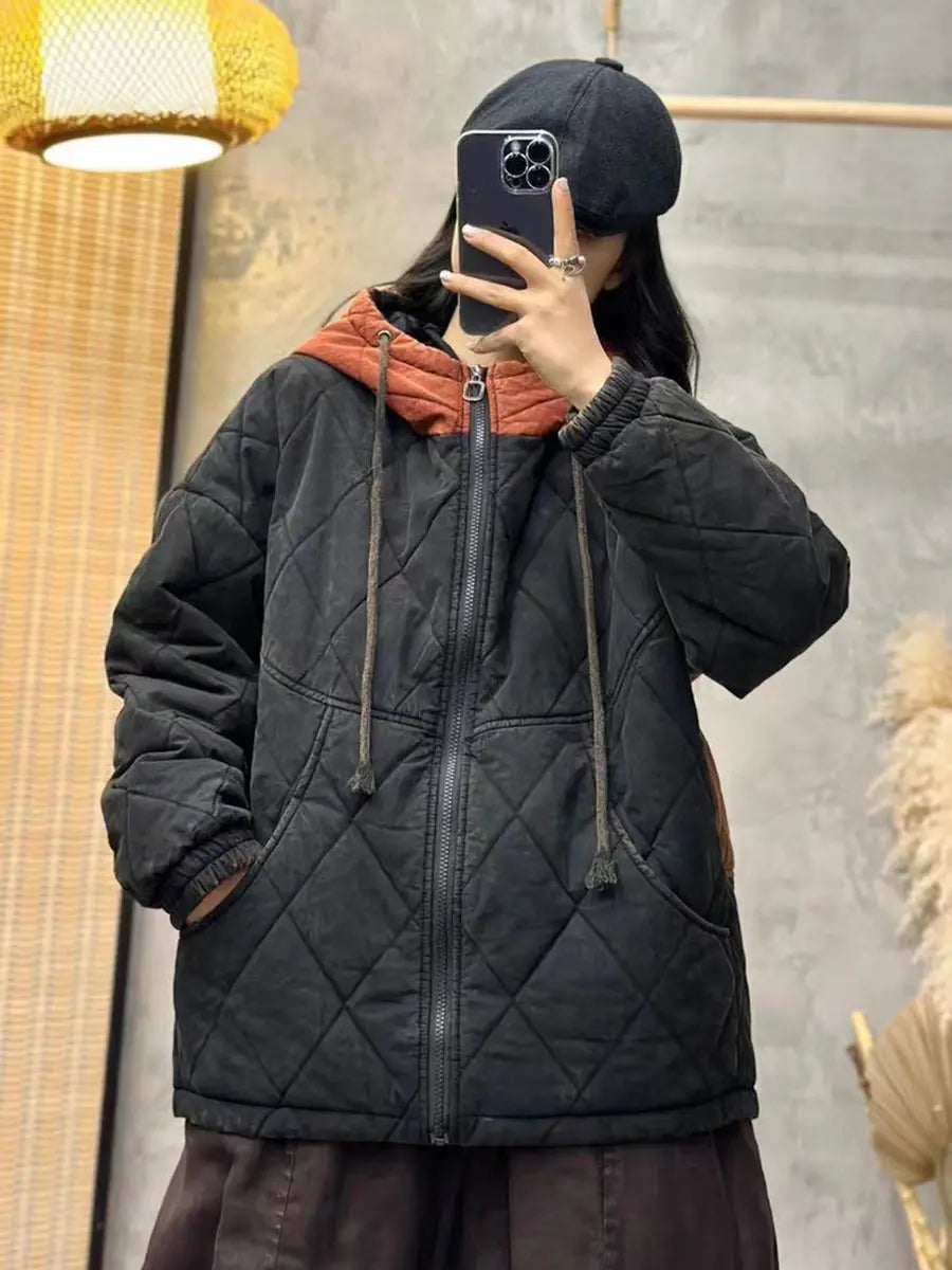Women Winter Rhomboids Colorblock Cotton Hooded Coat Ada Fashion