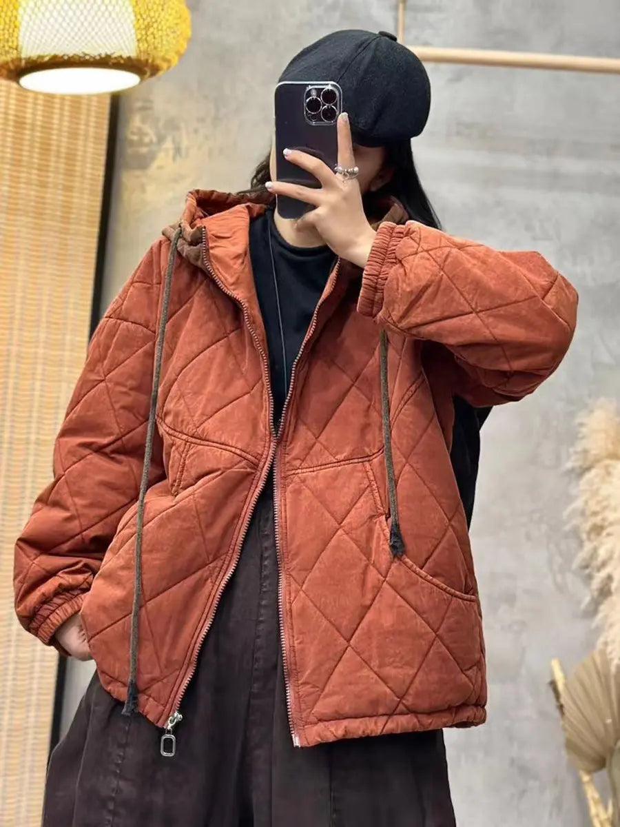 Women Winter Rhomboids Colorblock Cotton Hooded Coat Ada Fashion