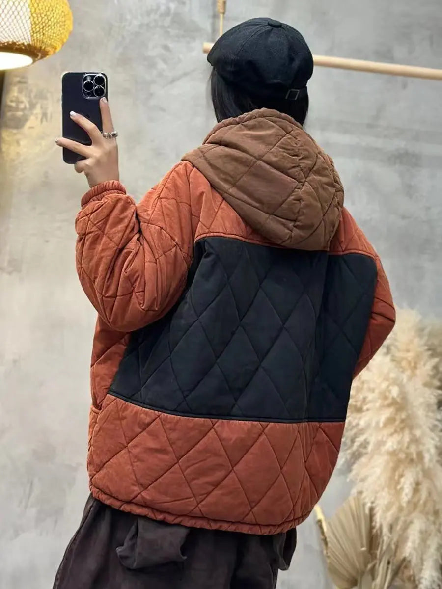 Women Winter Rhomboids Colorblock Cotton Hooded Coat Ada Fashion