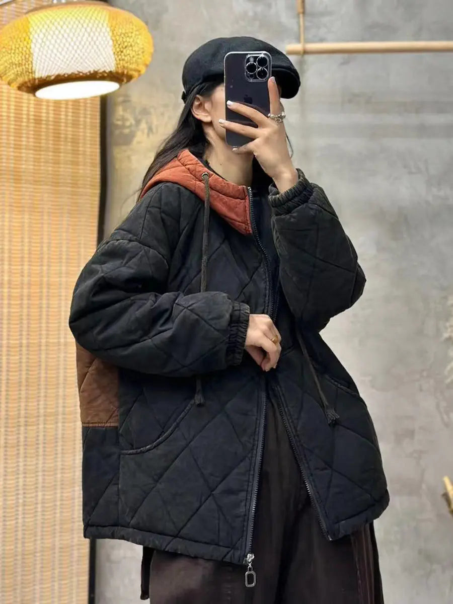 Women Winter Rhomboids Colorblock Cotton Hooded Coat Ada Fashion