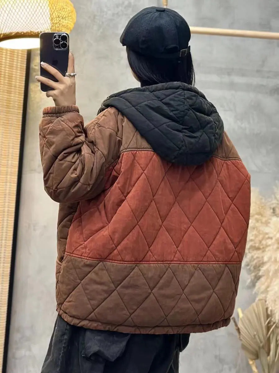 Women Winter Rhomboids Colorblock Cotton Hooded Coat Ada Fashion