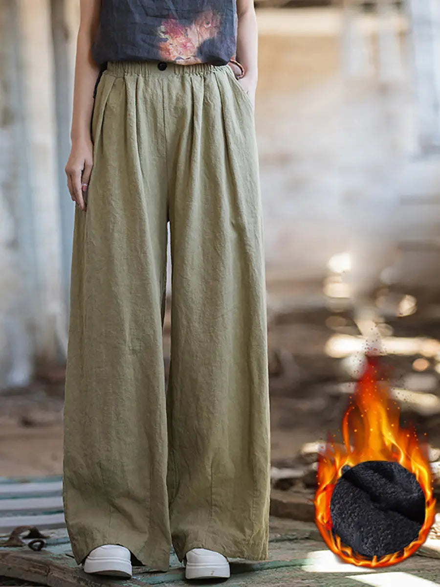 Women Winter Solid Fleece-lined Wide-leg Pants Ada Fashion