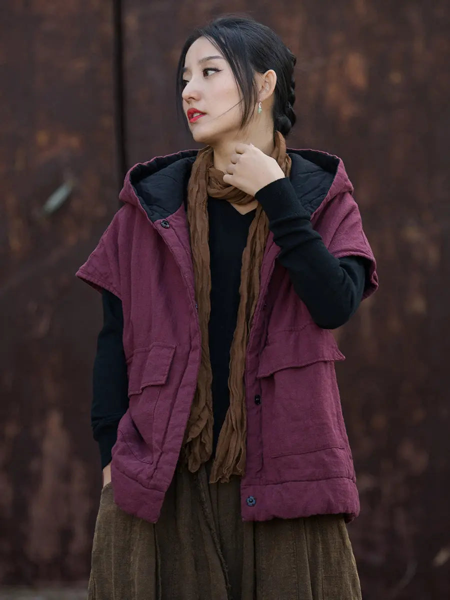 Women Winter Solid Padded Hooded Vest Coat Ada Fashion