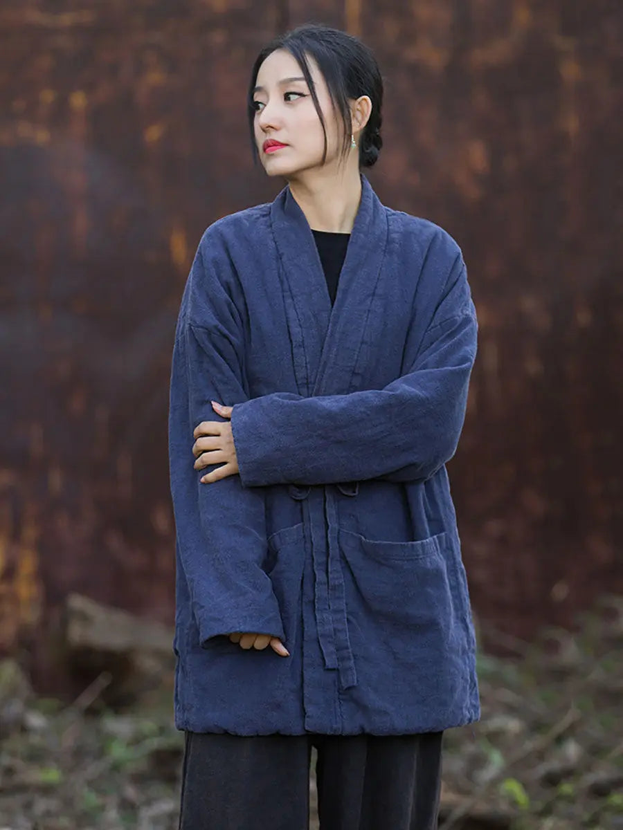 Women Winter Vintage Solid Drawstring Cotton Padded Coat Ada Fashion