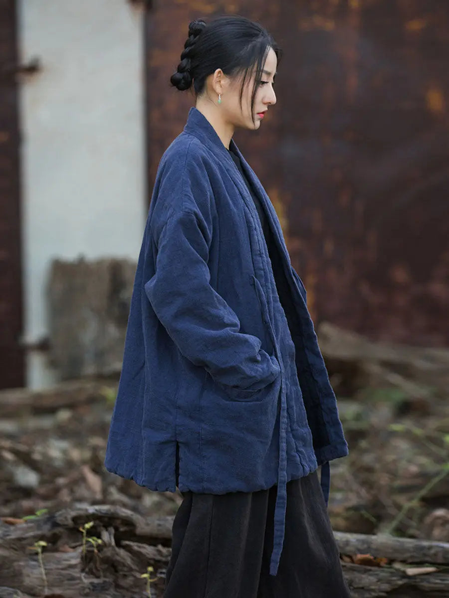 Women Winter Vintage Solid Drawstring Cotton Padded Coat Ada Fashion