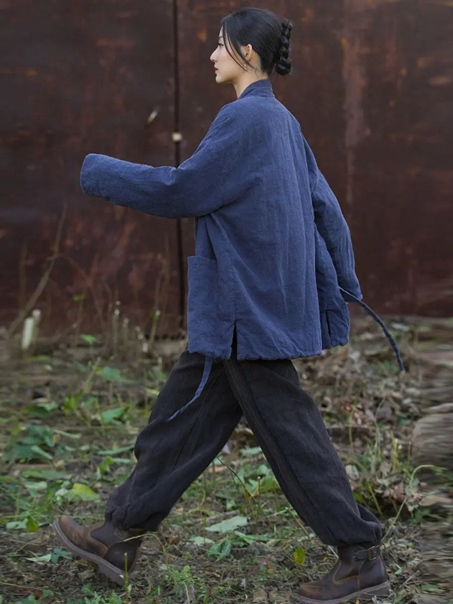 Women Winter Vintage Solid Drawstring Cotton Padded Coat Ada Fashion