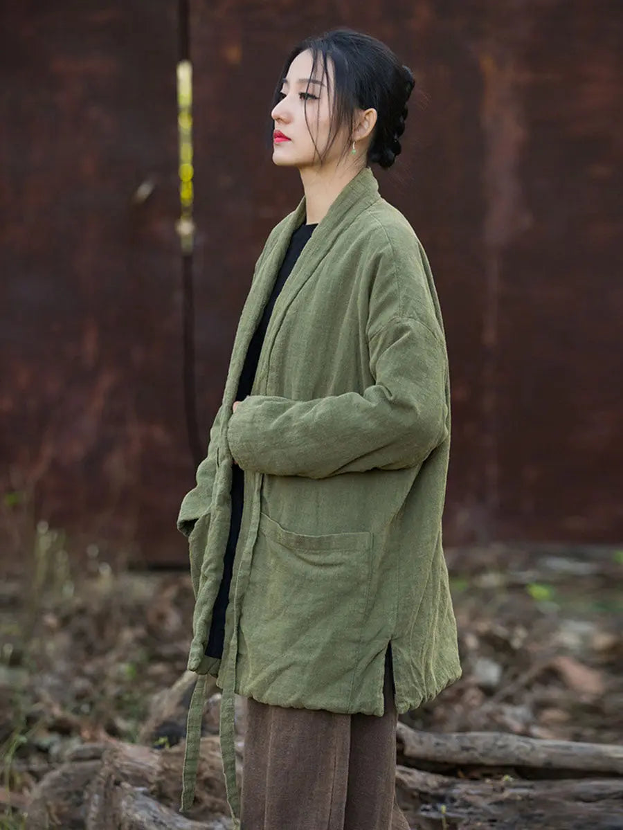 Women Winter Vintage Solid Drawstring Cotton Padded Coat Ada Fashion