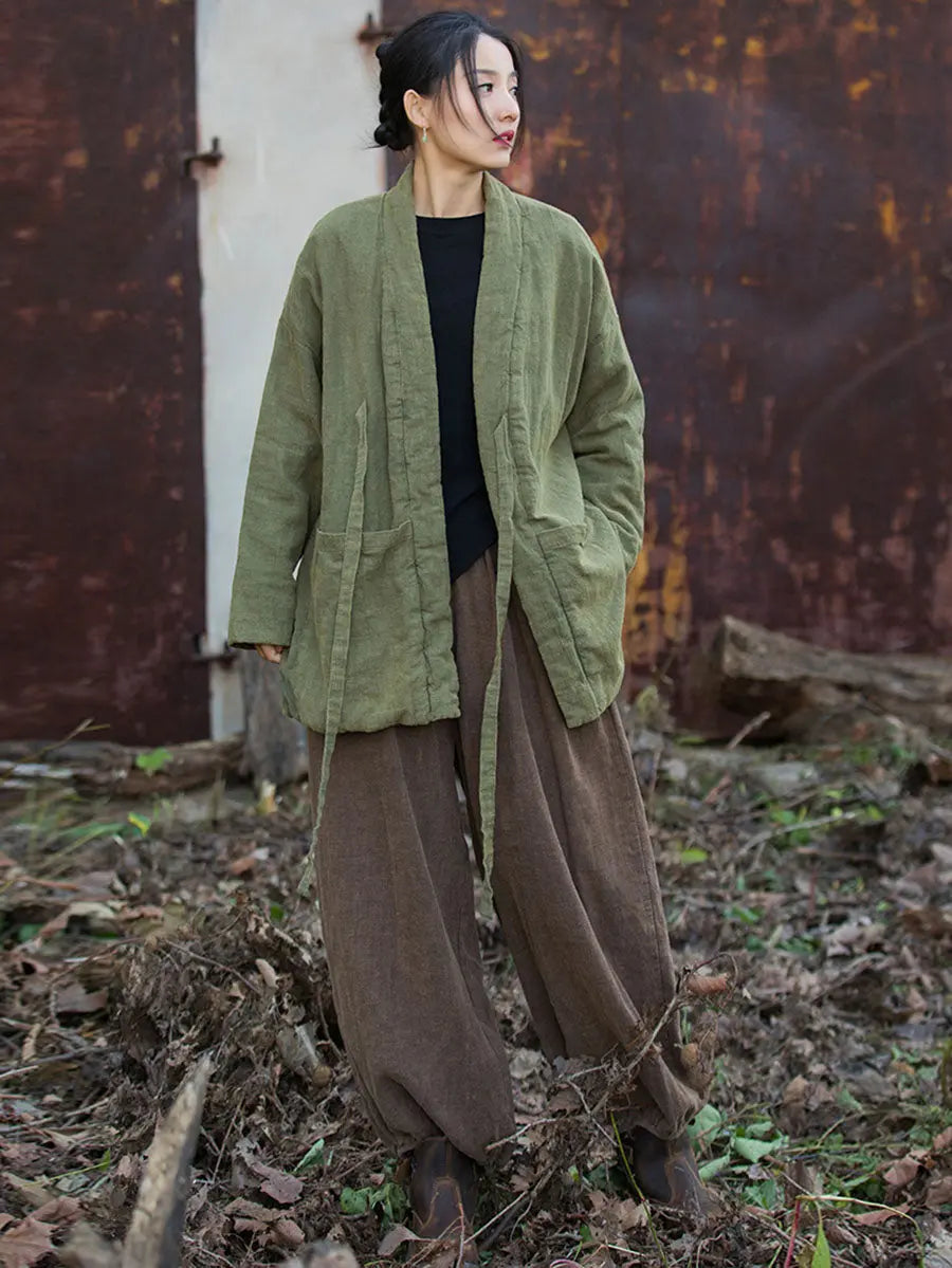 Women Winter Vintage Solid Drawstring Cotton Padded Coat Ada Fashion