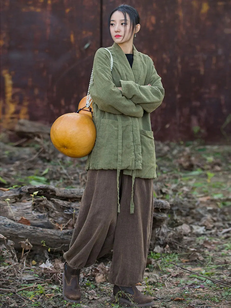 Women Winter Vintage Solid Drawstring Cotton Padded Coat Ada Fashion