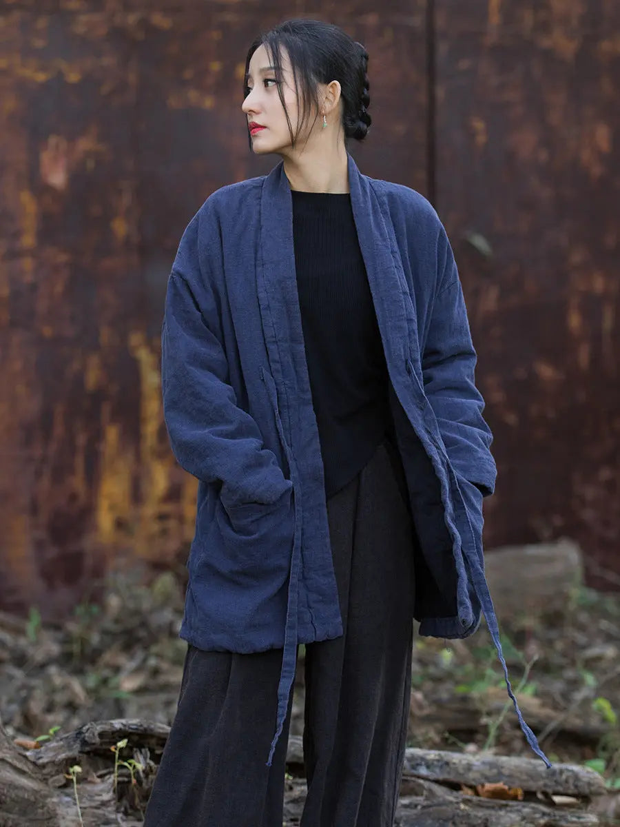 Women Winter Vintage Solid Drawstring Cotton Padded Coat Ada Fashion