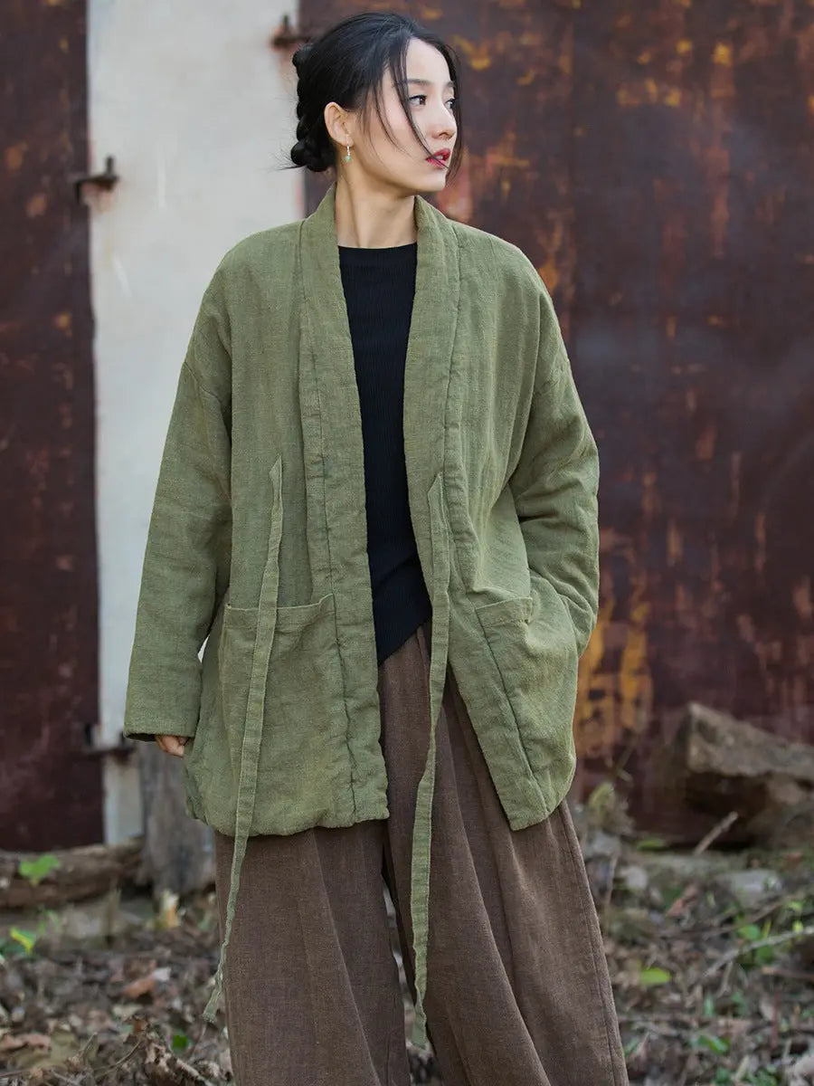 Women Winter Vintage Solid Drawstring Cotton Padded Coat Ada Fashion