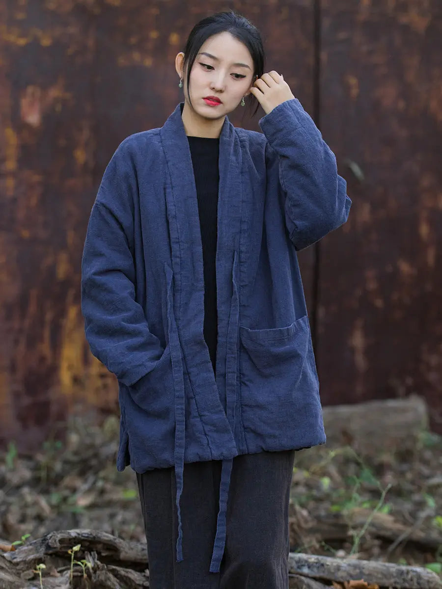 Women Winter Vintage Solid Drawstring Cotton Padded Coat Ada Fashion