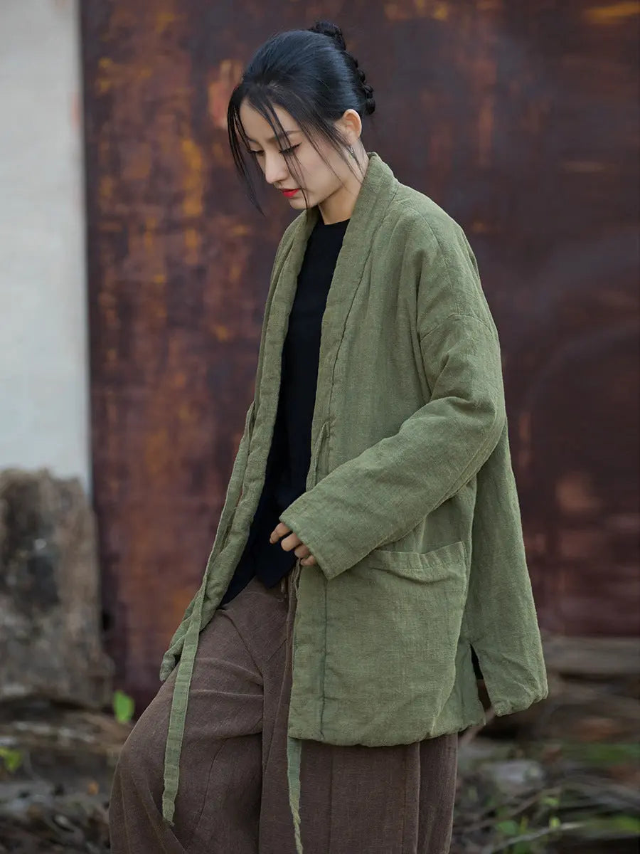 Women Winter Vintage Solid Drawstring Cotton Padded Coat Ada Fashion