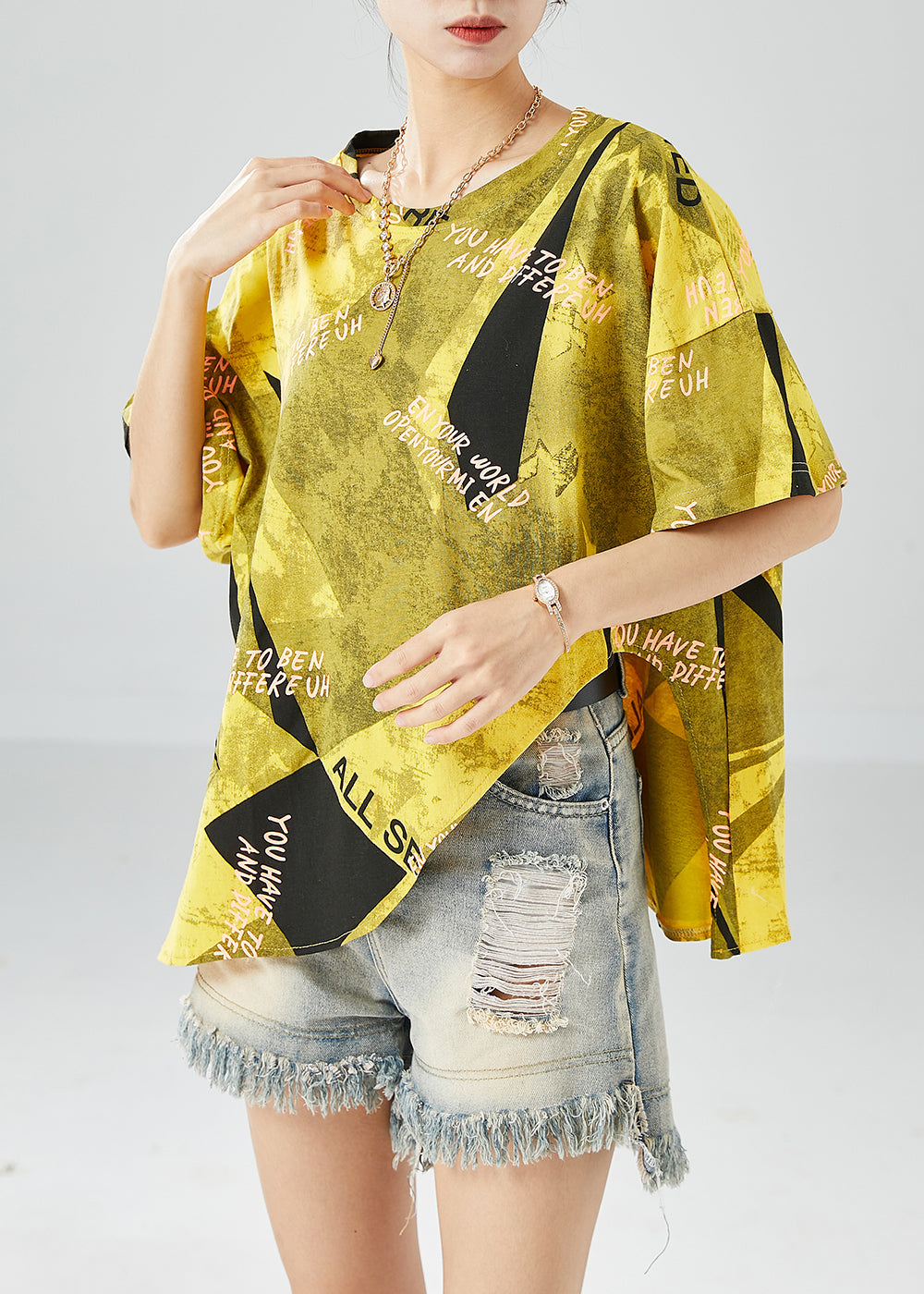 Women Yellow Asymmetrical Print Cotton Beach Vest Summer LY6133 - fabuloryshop