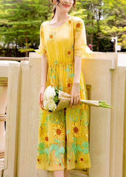 Women Yellow Daisy Embroideried Tie Waist Silk Vacation Dresses Flare Sleeve LY1002 - fabuloryshop