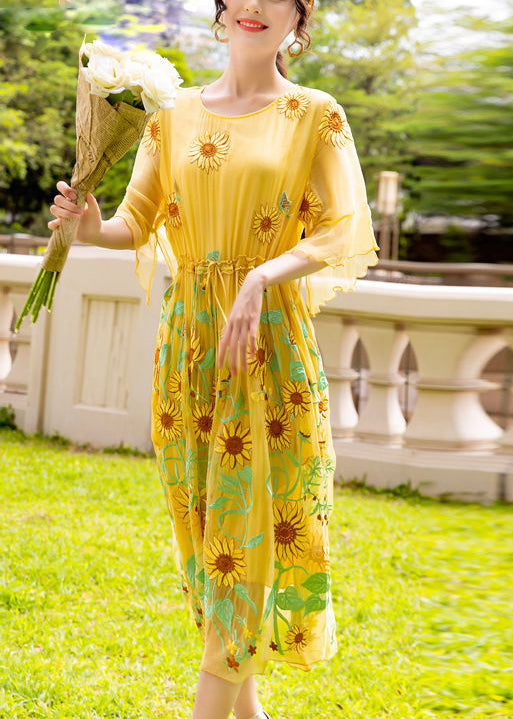 Women Yellow Daisy Embroideried Tie Waist Silk Vacation Dresses Flare Sleeve LY1002 - fabuloryshop