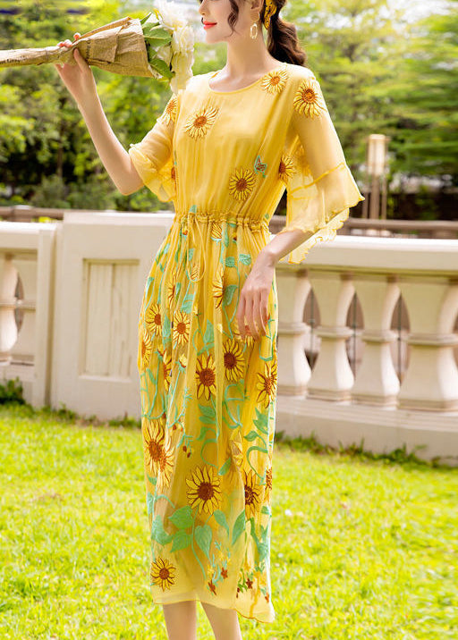 Women Yellow Daisy Embroideried Tie Waist Silk Vacation Dresses Flare Sleeve LY1002 - fabuloryshop