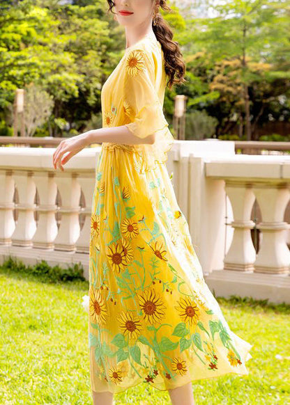 Women Yellow Daisy Embroideried Tie Waist Silk Vacation Dresses Flare Sleeve LY1002 - fabuloryshop