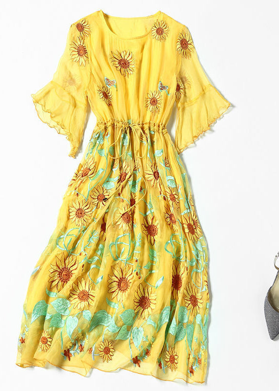 Women Yellow Daisy Embroideried Tie Waist Silk Vacation Dresses Flare Sleeve LY1002 - fabuloryshop