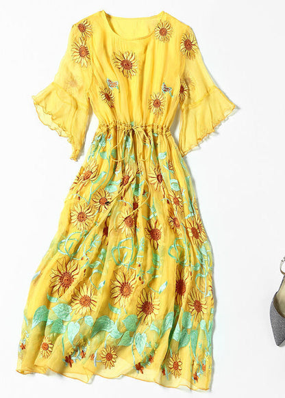 Women Yellow Daisy Embroideried Tie Waist Silk Vacation Dresses Flare Sleeve LY1002 - fabuloryshop