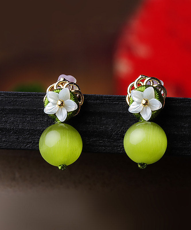 Women Yellow Green Shell Flower Cymophanite Drop Earrings LY2201 - fabuloryshop