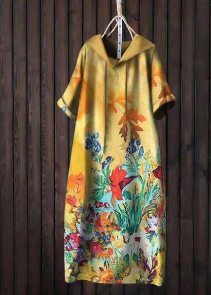 Women Yellow Hooded Print Patchwork Cotton T Shirt Dress Summer Ada Fashion