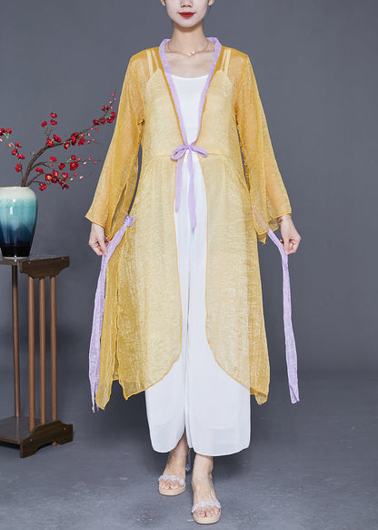 Women Yellow Lace Up Patchwork Chiffon UPF 50+ Cardigan Summer LY4884 - fabuloryshop