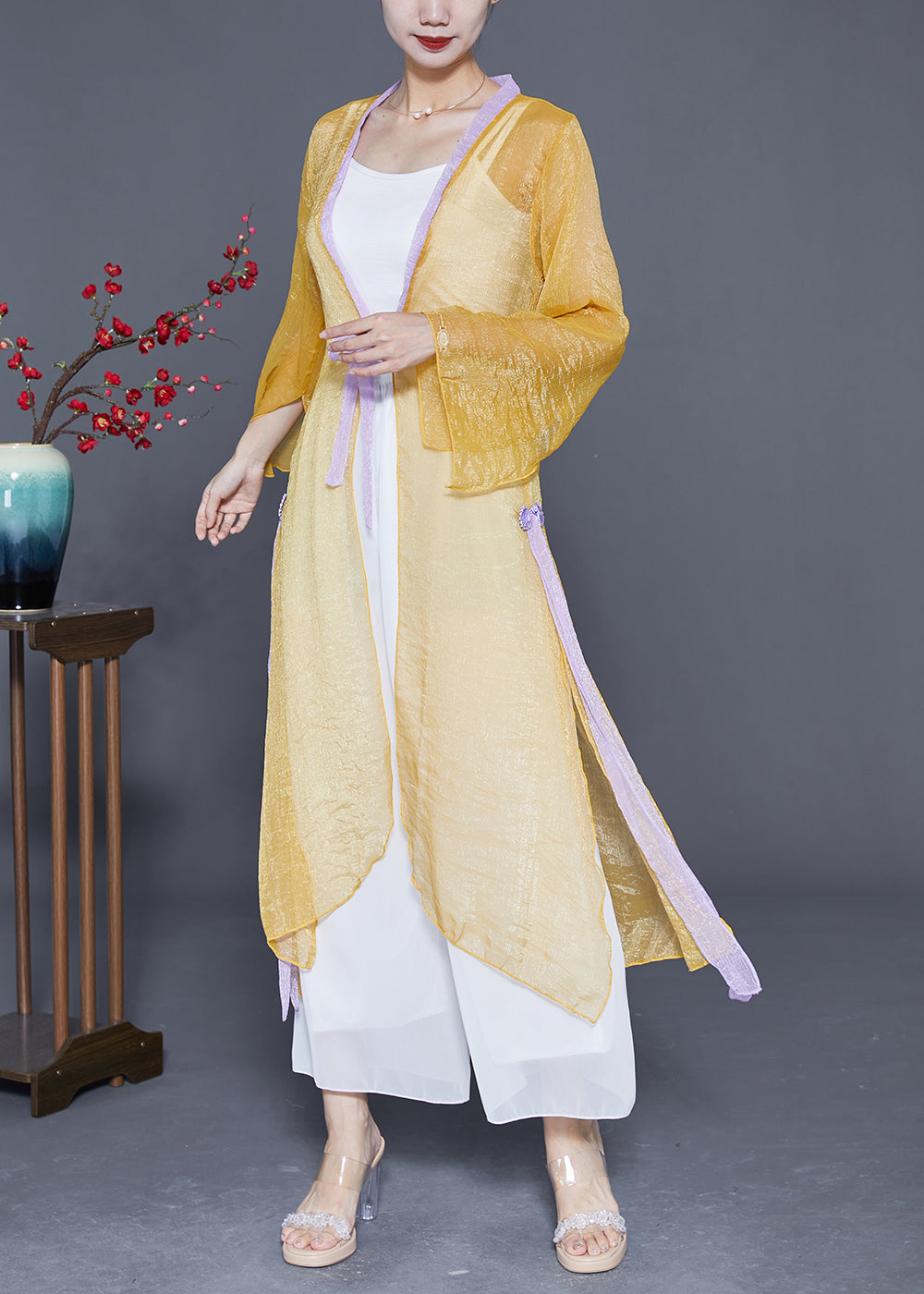 Women Yellow Lace Up Patchwork Chiffon UPF 50+ Cardigan Summer LY4884 - fabuloryshop