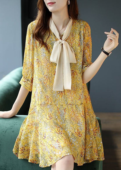 Women Yellow Lace Up Patchwork Print Chiffon Party Dress Summer LC0091 - fabuloryshop