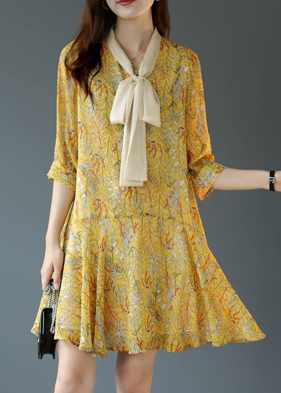 Women Yellow Lace Up Patchwork Print Chiffon Party Dress Summer LC0091 - fabuloryshop