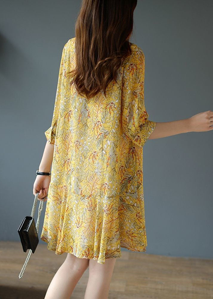 Women Yellow Lace Up Patchwork Print Chiffon Party Dress Summer LC0091 - fabuloryshop